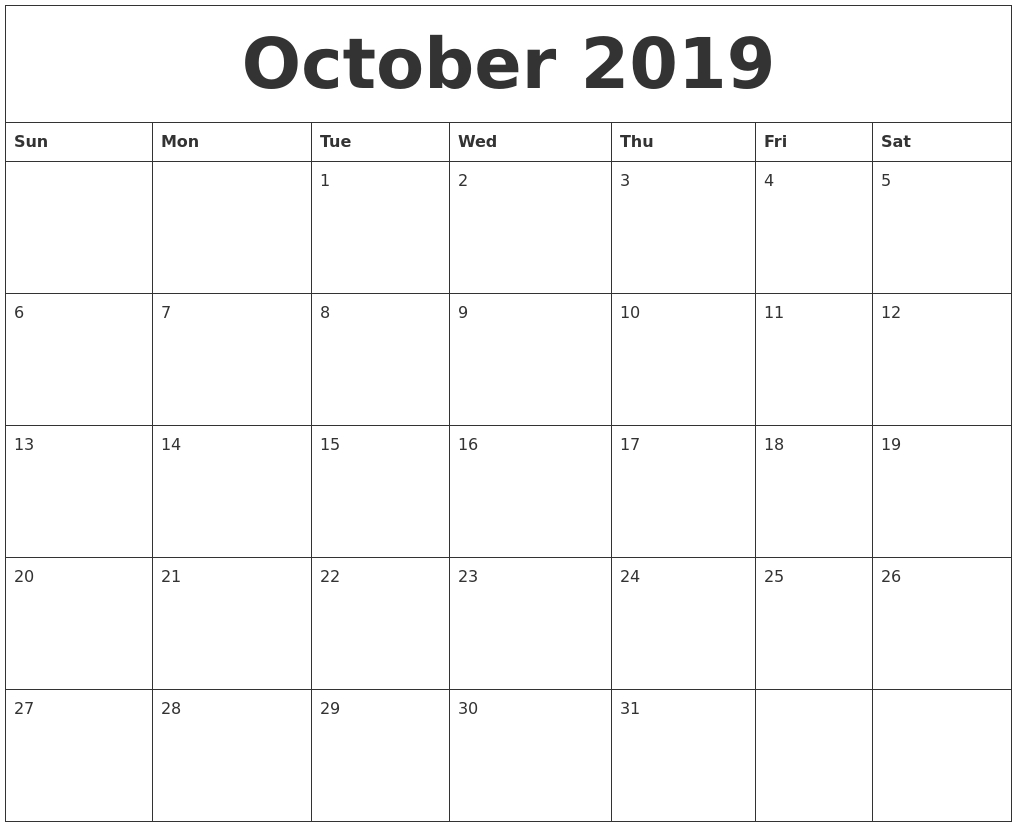 October 2019 Printable Calendar Free 