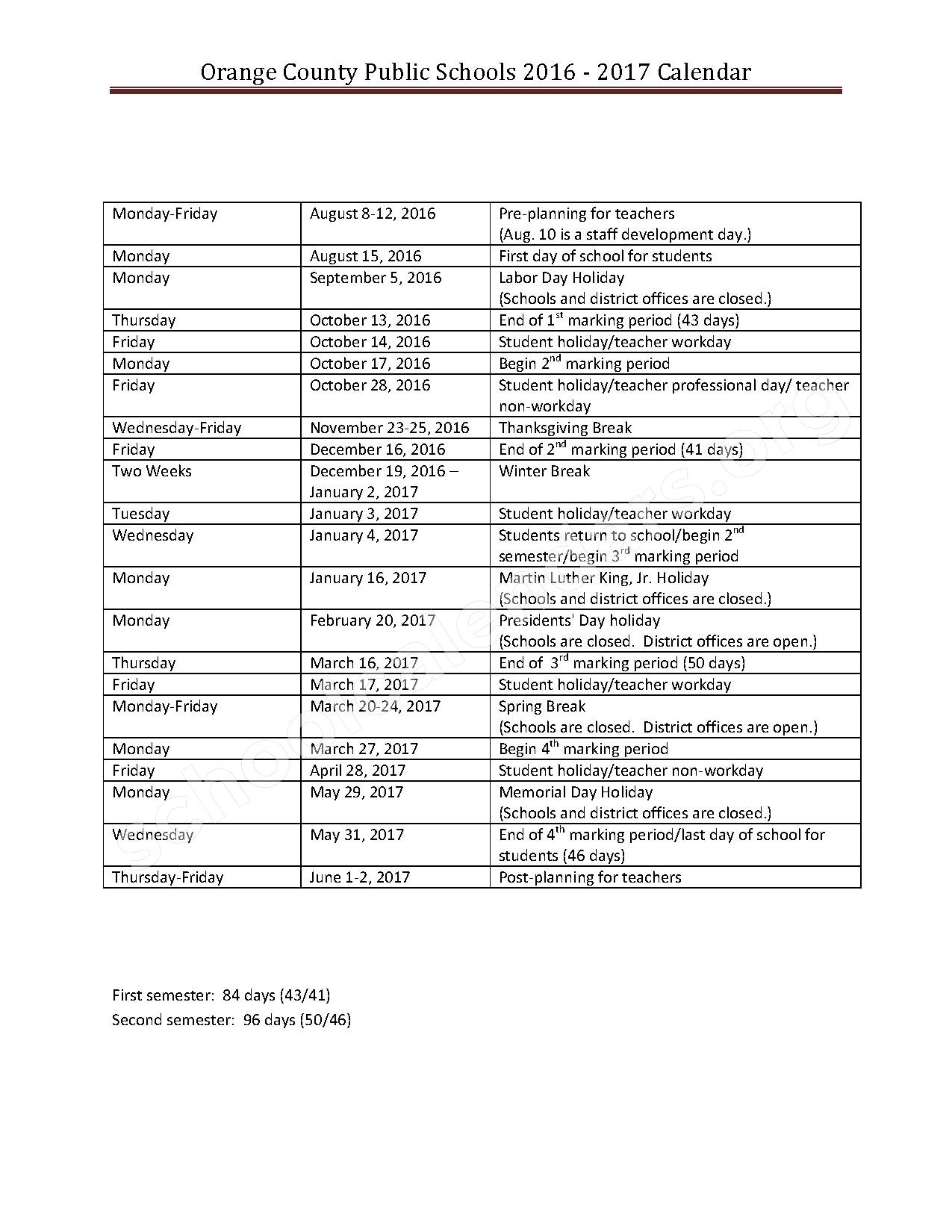 Orange County Public School Calendar 2017 2018 Bazga 