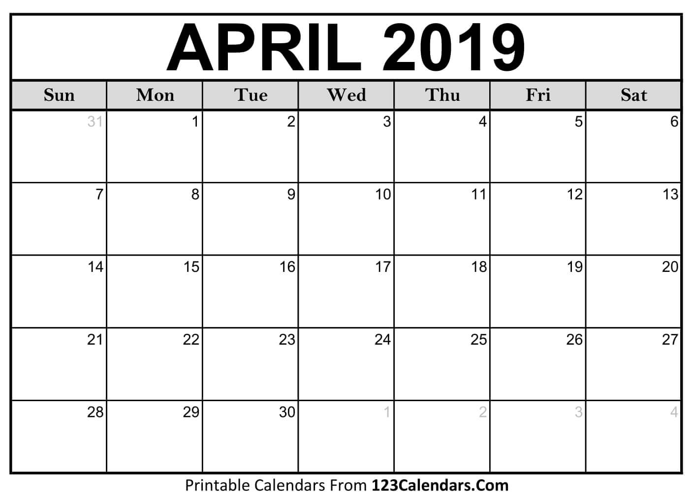 Printable April 2019 Calendar Templates 123calendars 