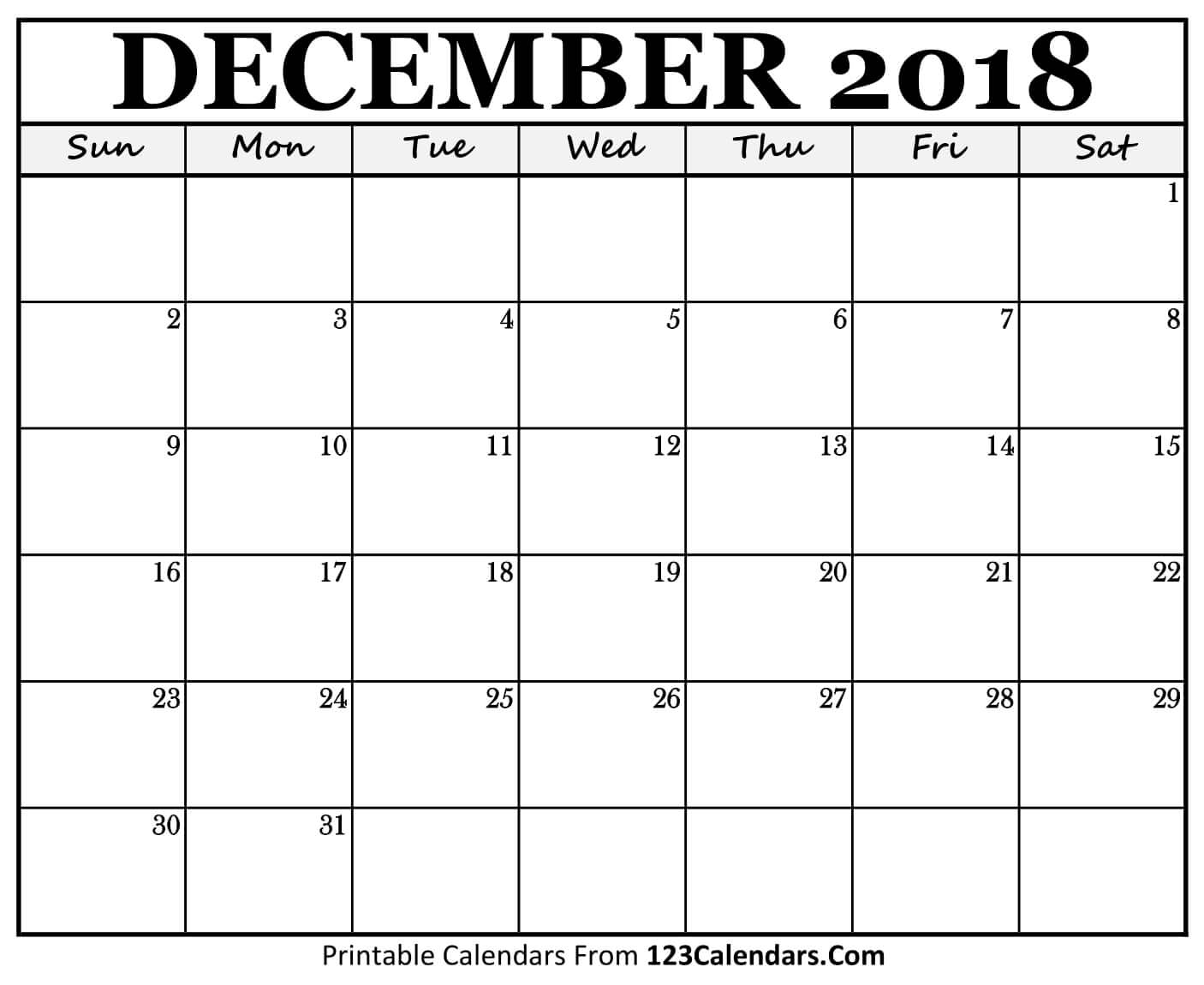 Printable December 2018 Calendar Templates 123calendars