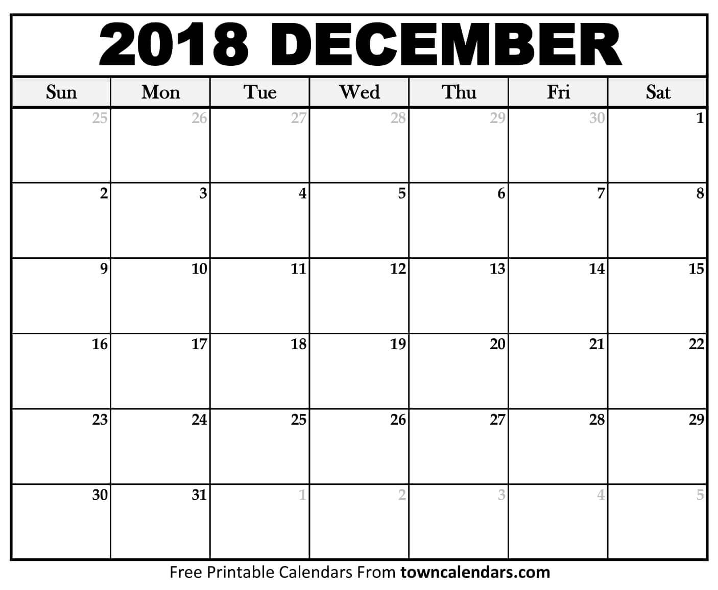 Printable December 2018 Calendar Towncalendars 