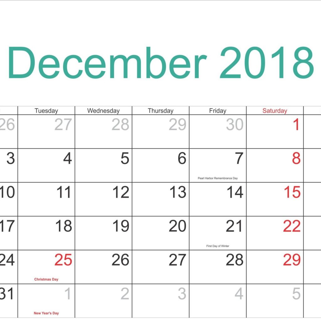 Printable December 2018 Calendar With Holidays Dates