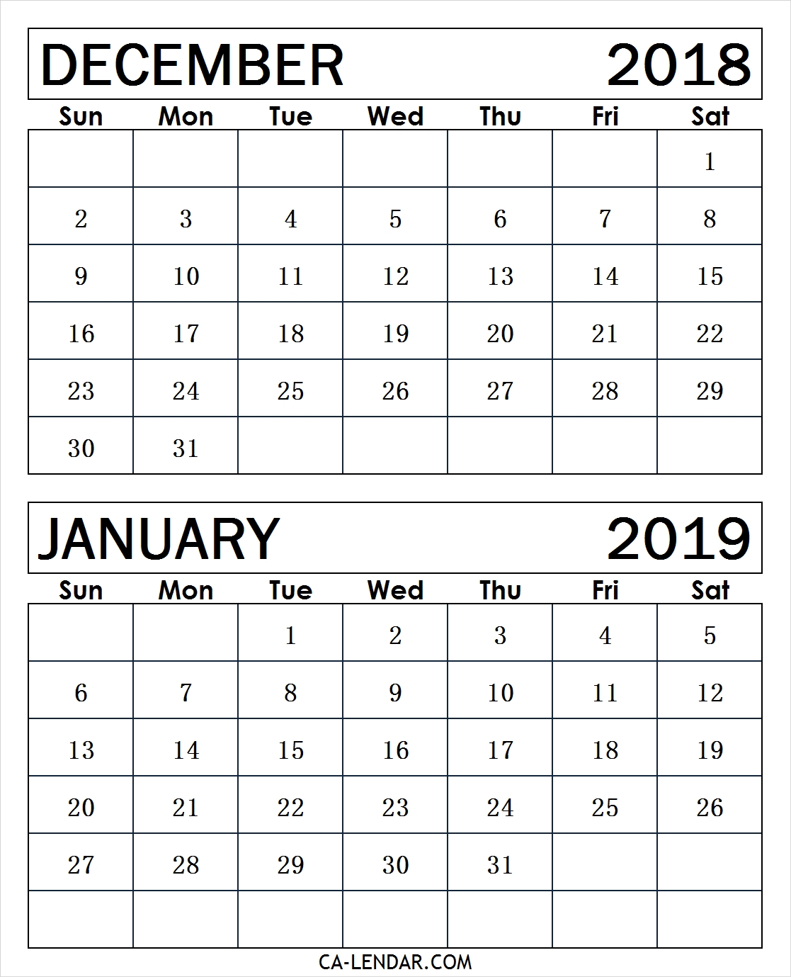 Printable December 2018 January 2019 Calendar Two Months Calendar 