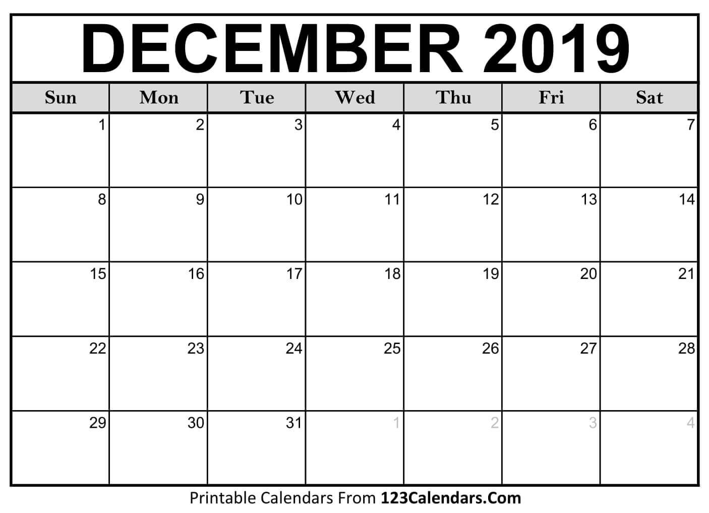 Printable December 2019 Calendar Templates 123calendars