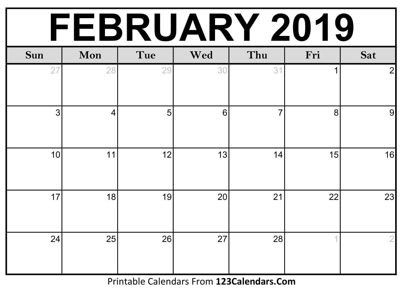 Printable February 2019 Calendar Templates 123calendars 