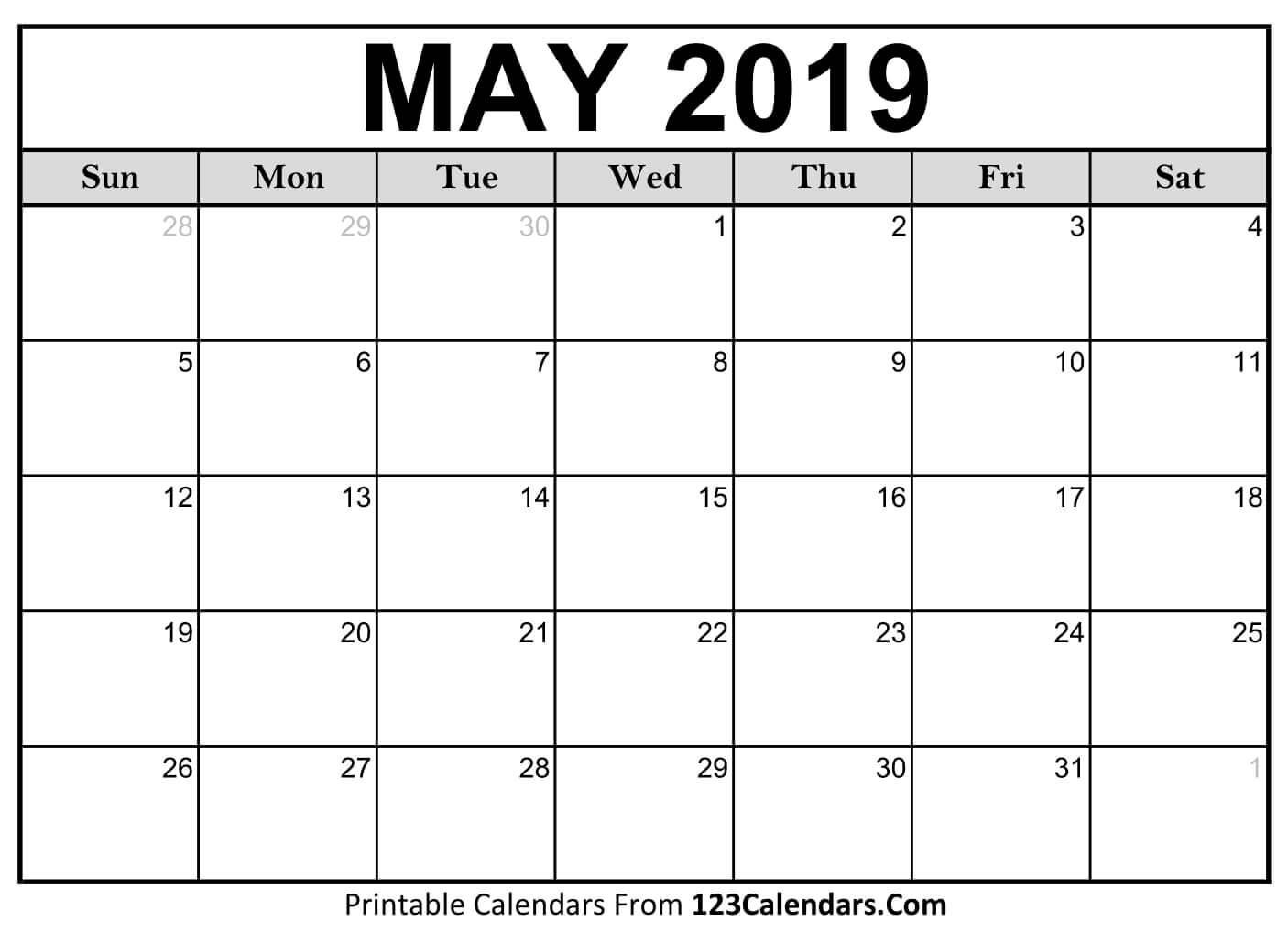 Printable May 2019 Calendar Templates 123calendars 