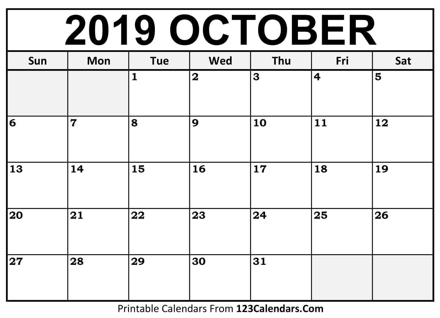 Printable October 2019 Calendar Templates 123calendars