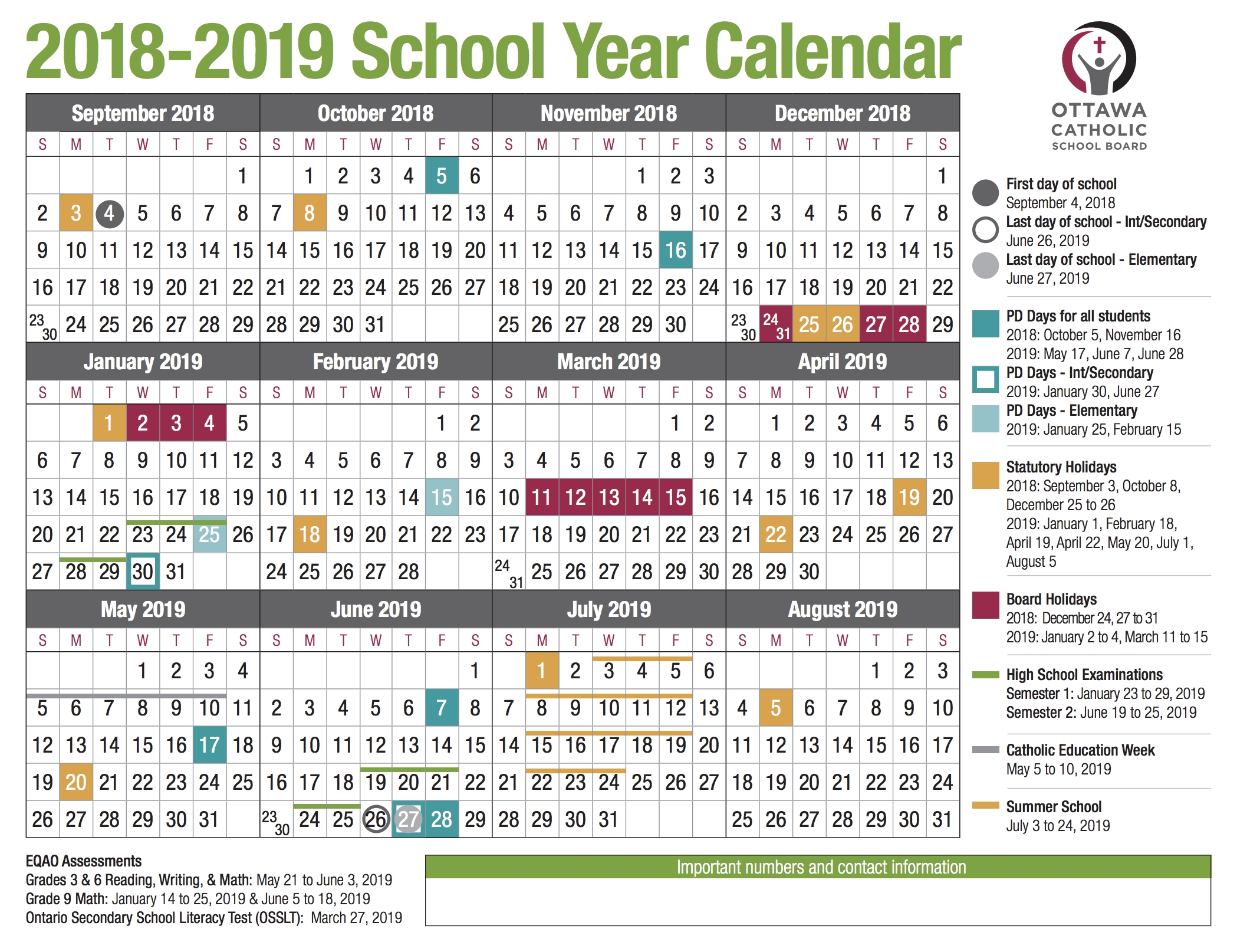 School Year Calendar From The Ocsb