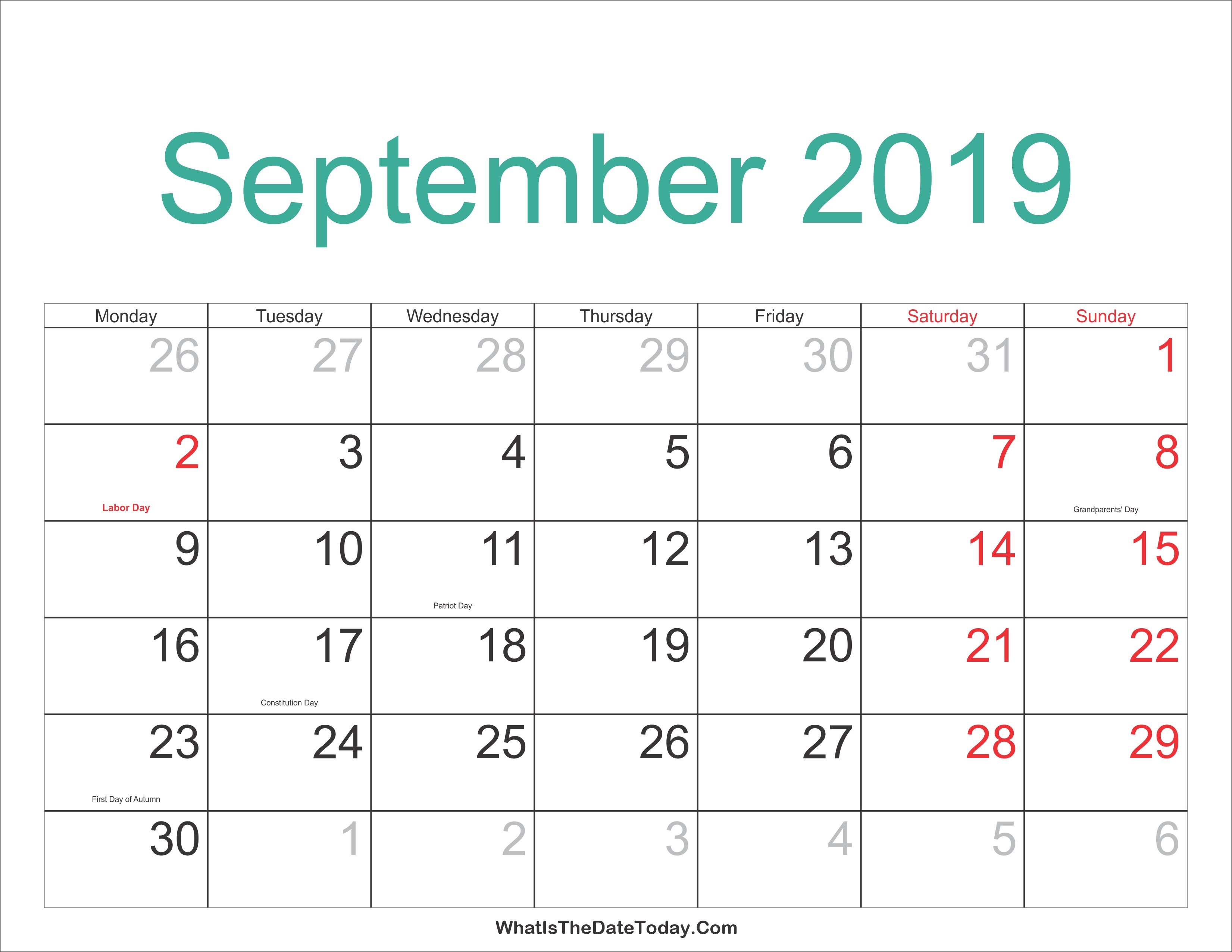 September 2019 Calendar Printable With Holidays Com Mesmerizing 