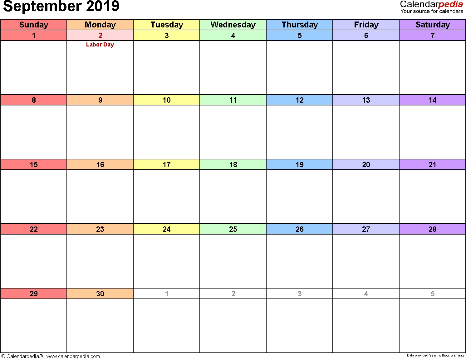 September 2019 Calendars For Word Excel Pdf