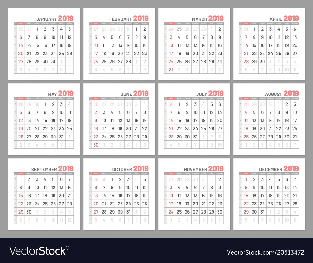 Set Identical Light Mini Calendars 2019 Months Vector Image 