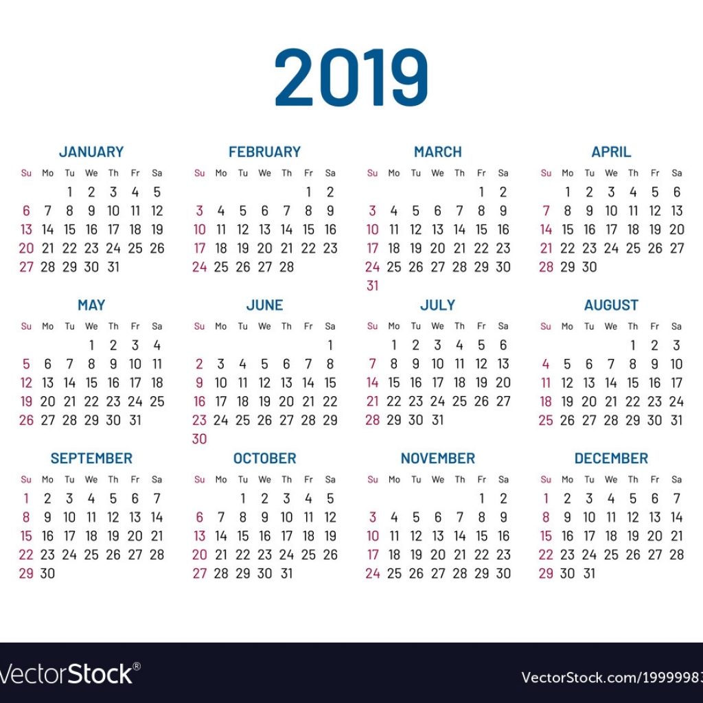 Simple Wall Calendar 2019 Year Flat Isolated Vector Image