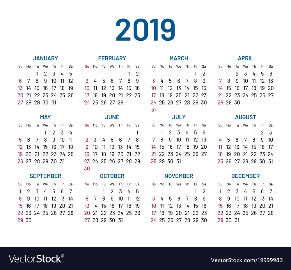 Simple Wall Calendar 2019 Year Flat Isolated Vector Image 