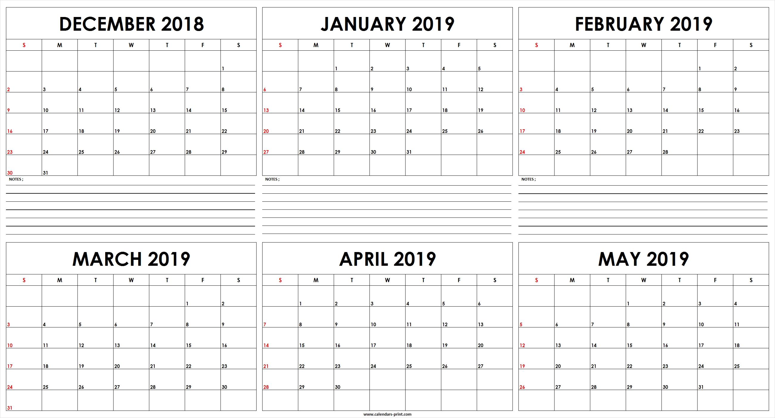 Six Monthly December 2018 To May 2019 Calendar Template Editable