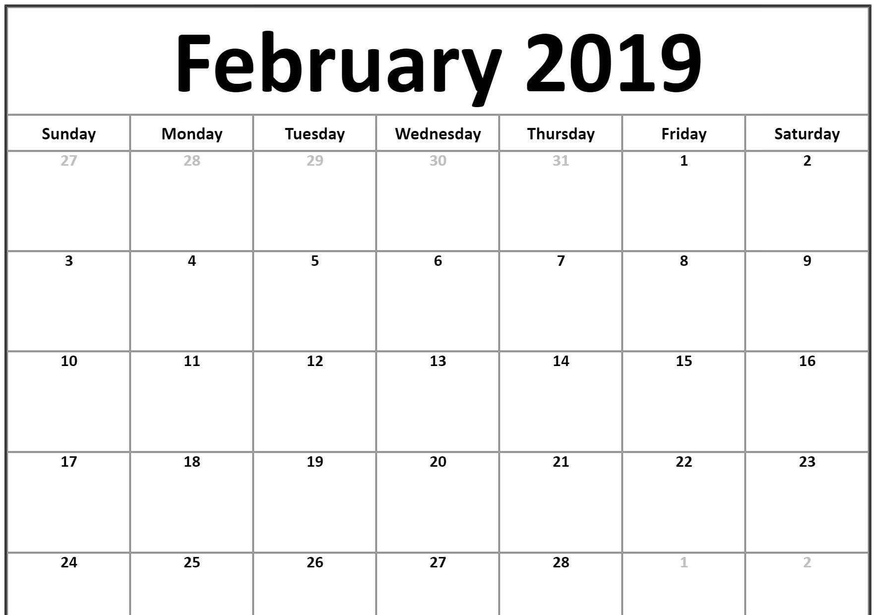 Small 2019 February Printable Calendar Landscape February 2019 