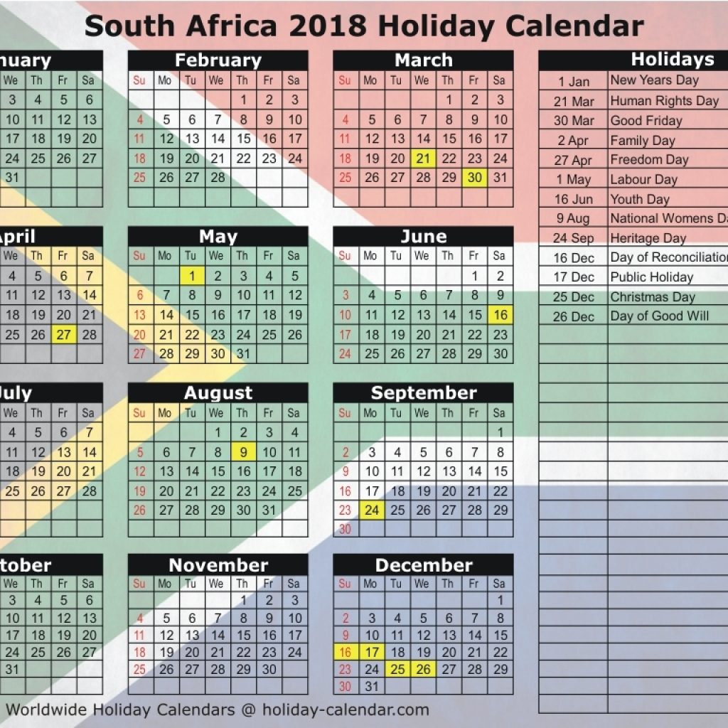 South Africa 2018 2019 Holiday Calendar