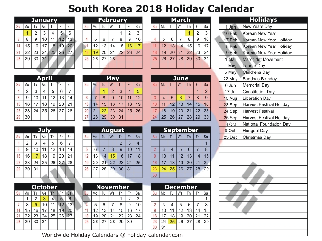 South Korea 2018 2019 Holiday Calendar