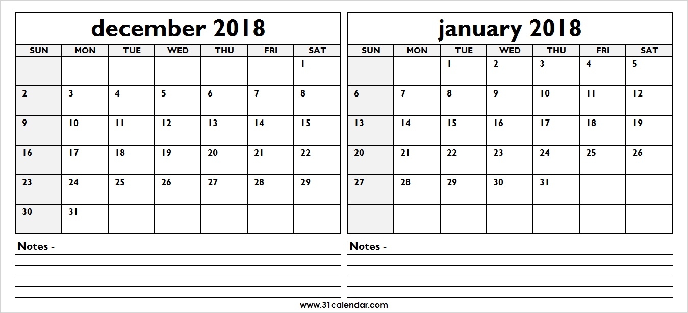 Two Month December 2018 January 2019 Calendar 31 Calendar