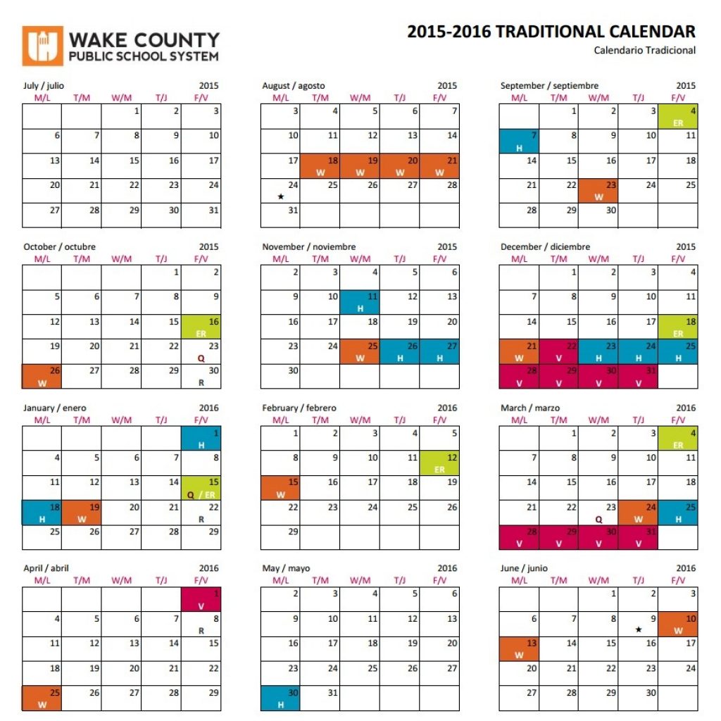 Wake County Traditional Calendar 2016 0 On Wcpss 2015 16 Calendar