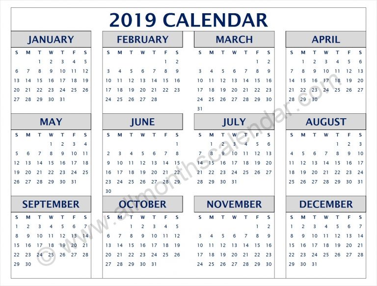 Yearly 2019 Calendar Pdf 12 Month 2019 Calendar Printable 