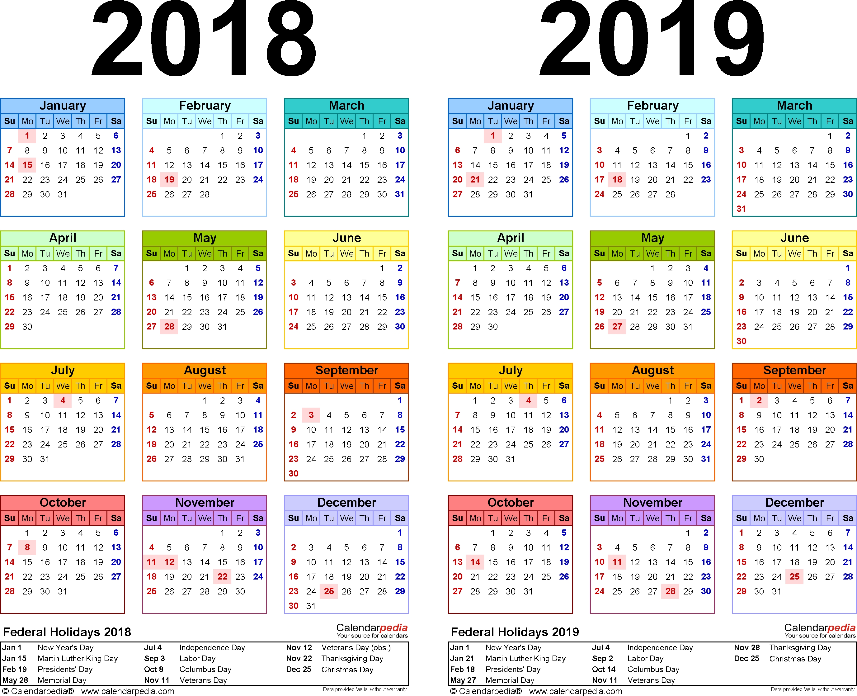 2018 2019 Calendar Free Printable Two Year Pdf Calendars 