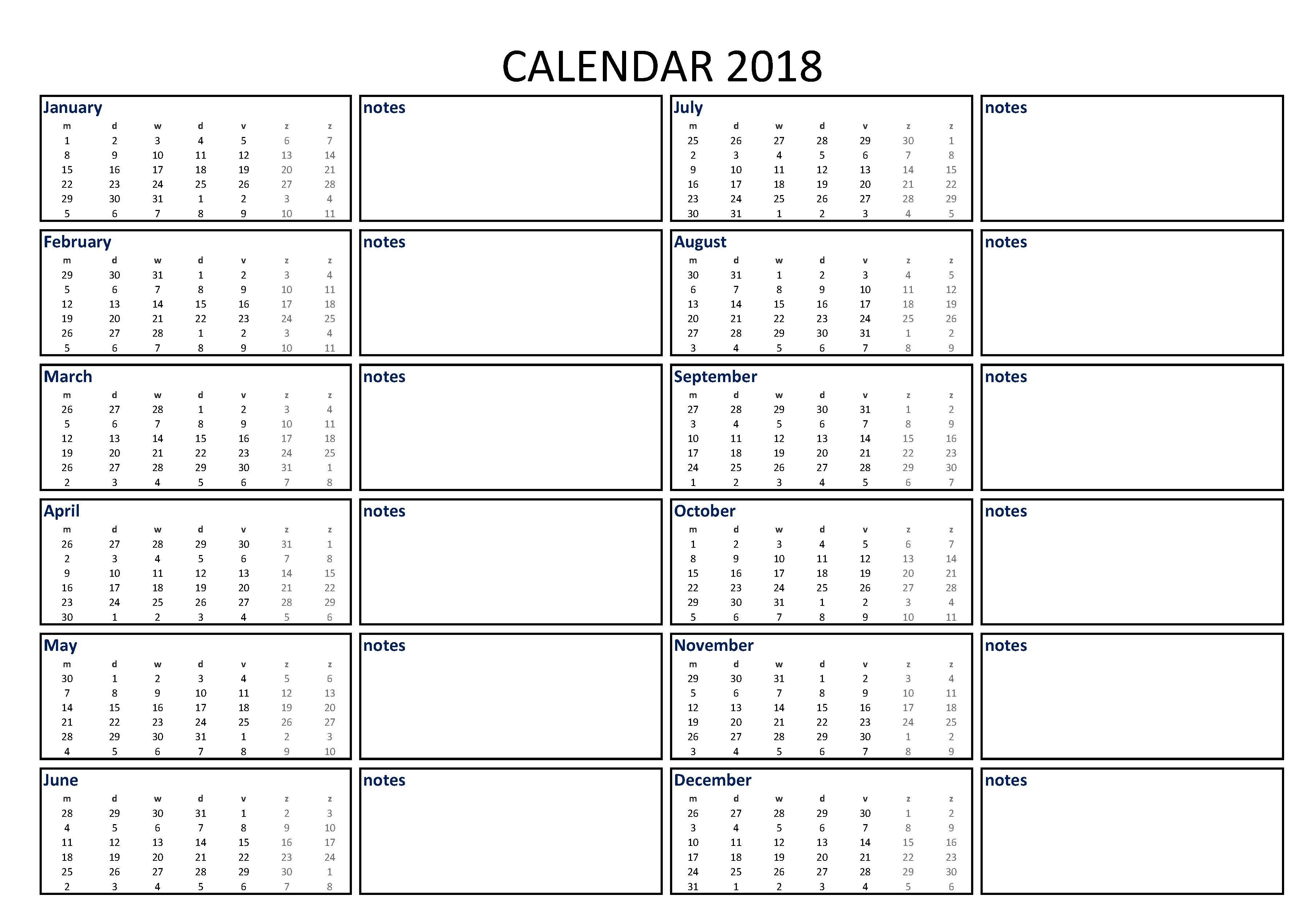 2018 Calendar Excel A3 With Notes Download Our Free Printable 2018