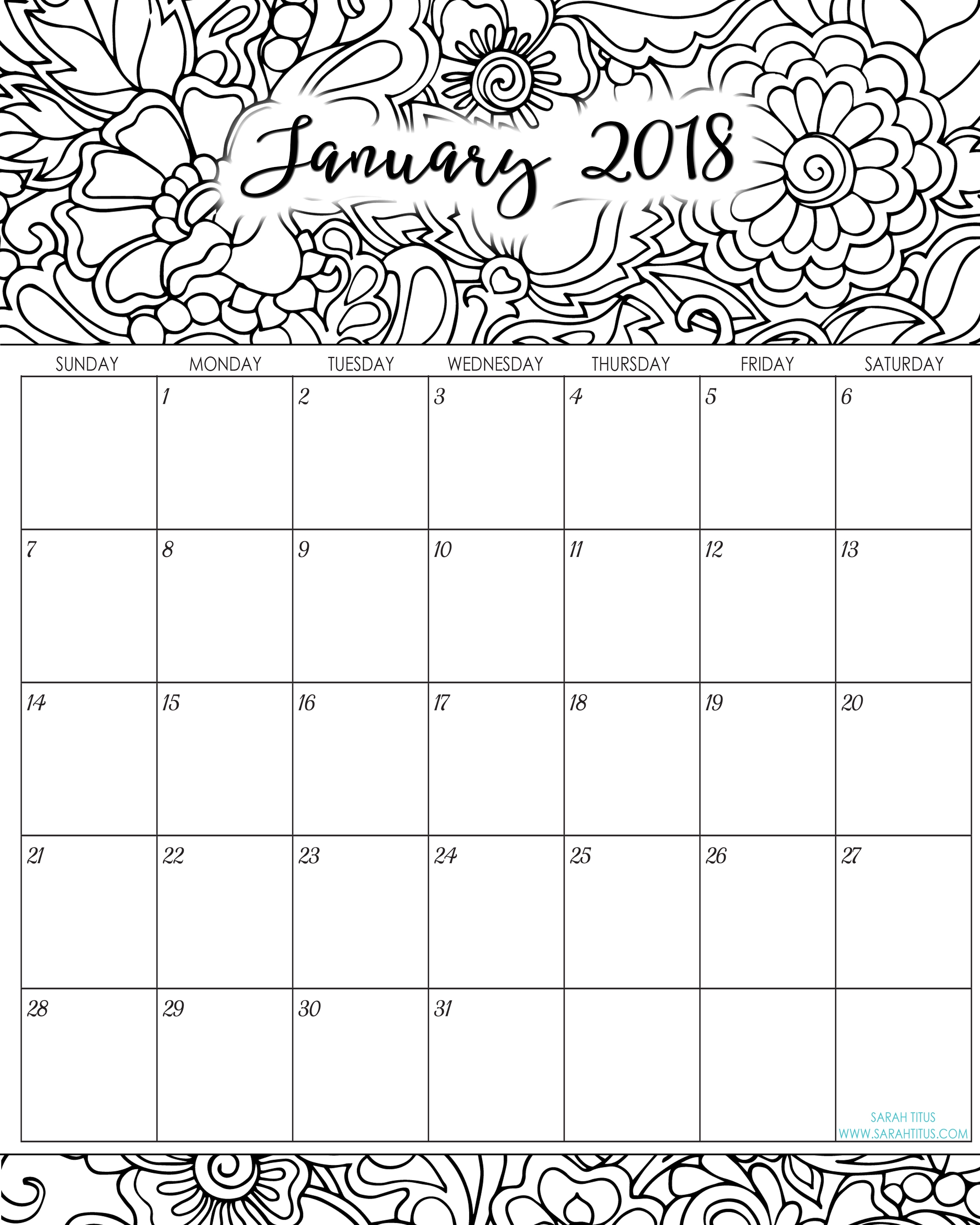 2018 Monthly Coloring Calendars Printables Sarah Titus