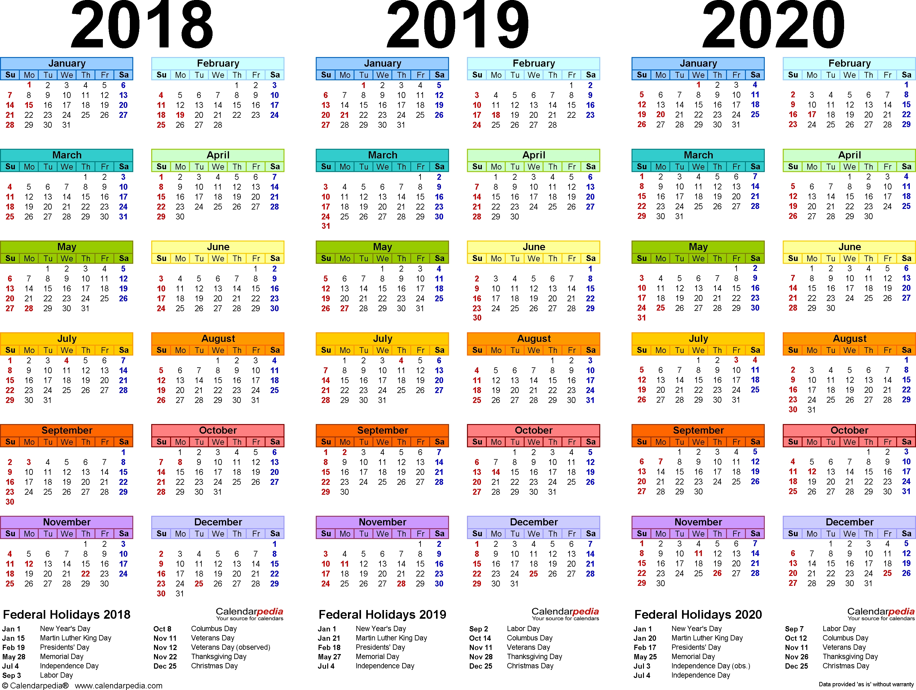 201820192020 Calendar 4 Three Year Printable Pdf Calendars 