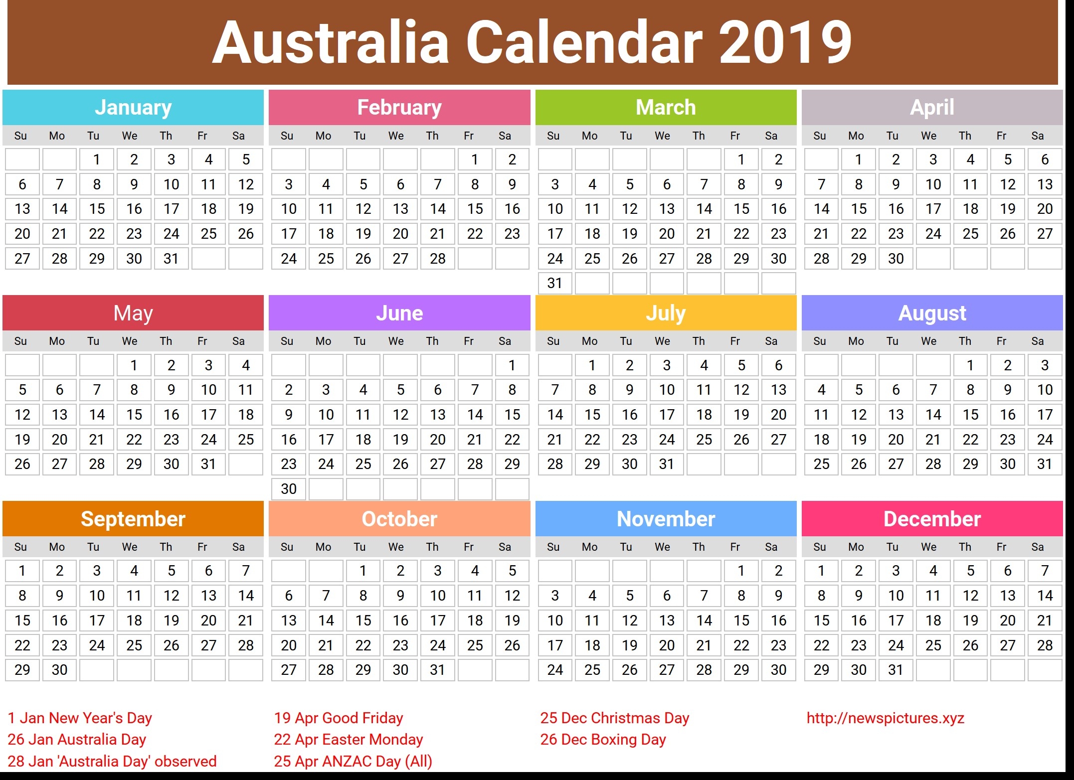 2019 Calendar Australia Printable Annual Australia Calendar 2019 