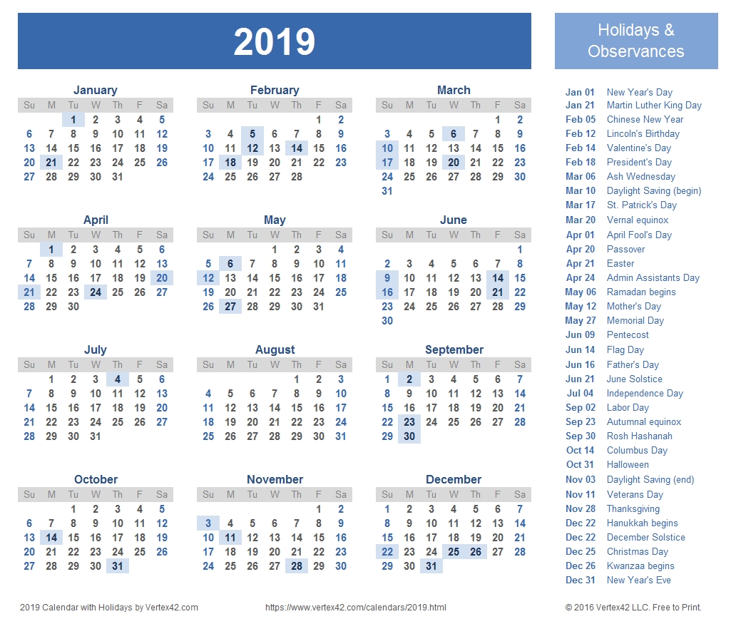 2019 Calendar Templates And Images 