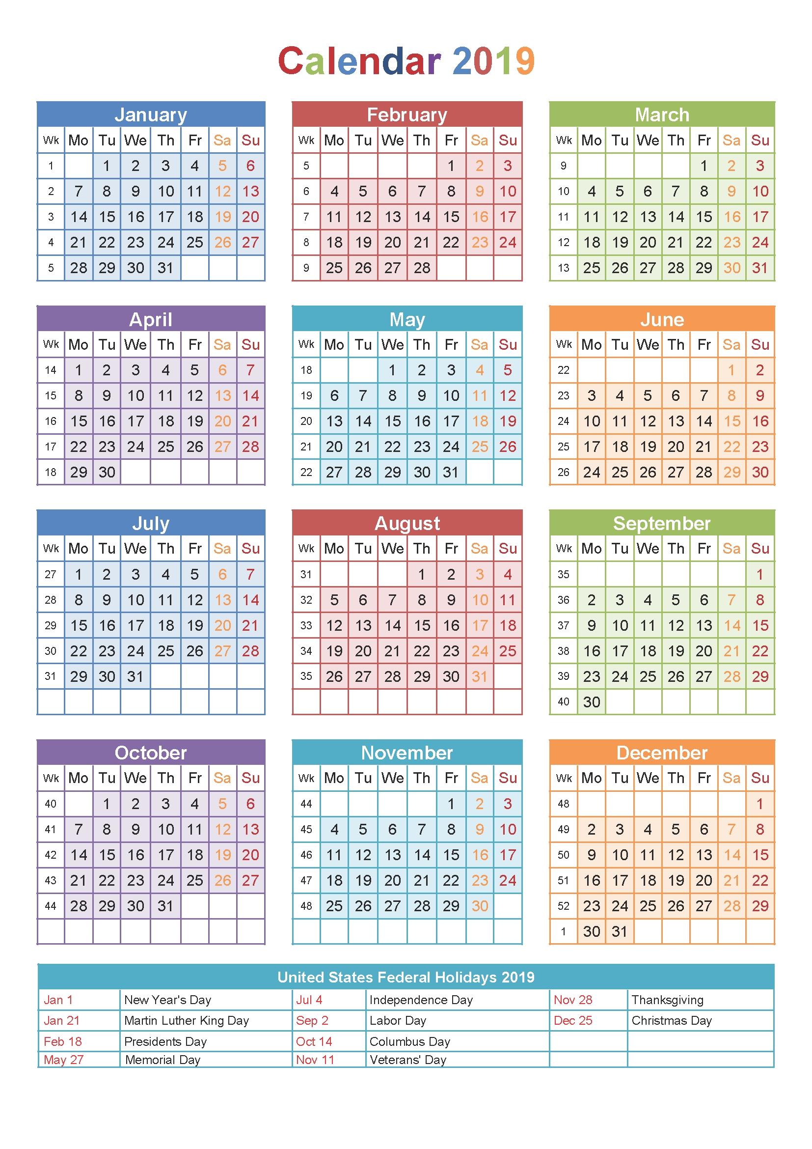 2019 One Page Calendar With Holidays 2019 Calendars Pinterest