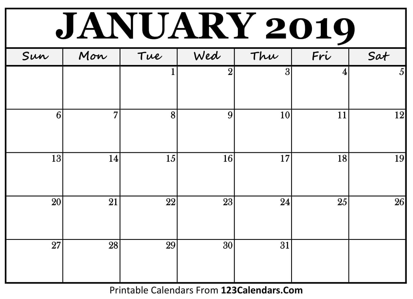 2019 Printable Calendar 123calendars 