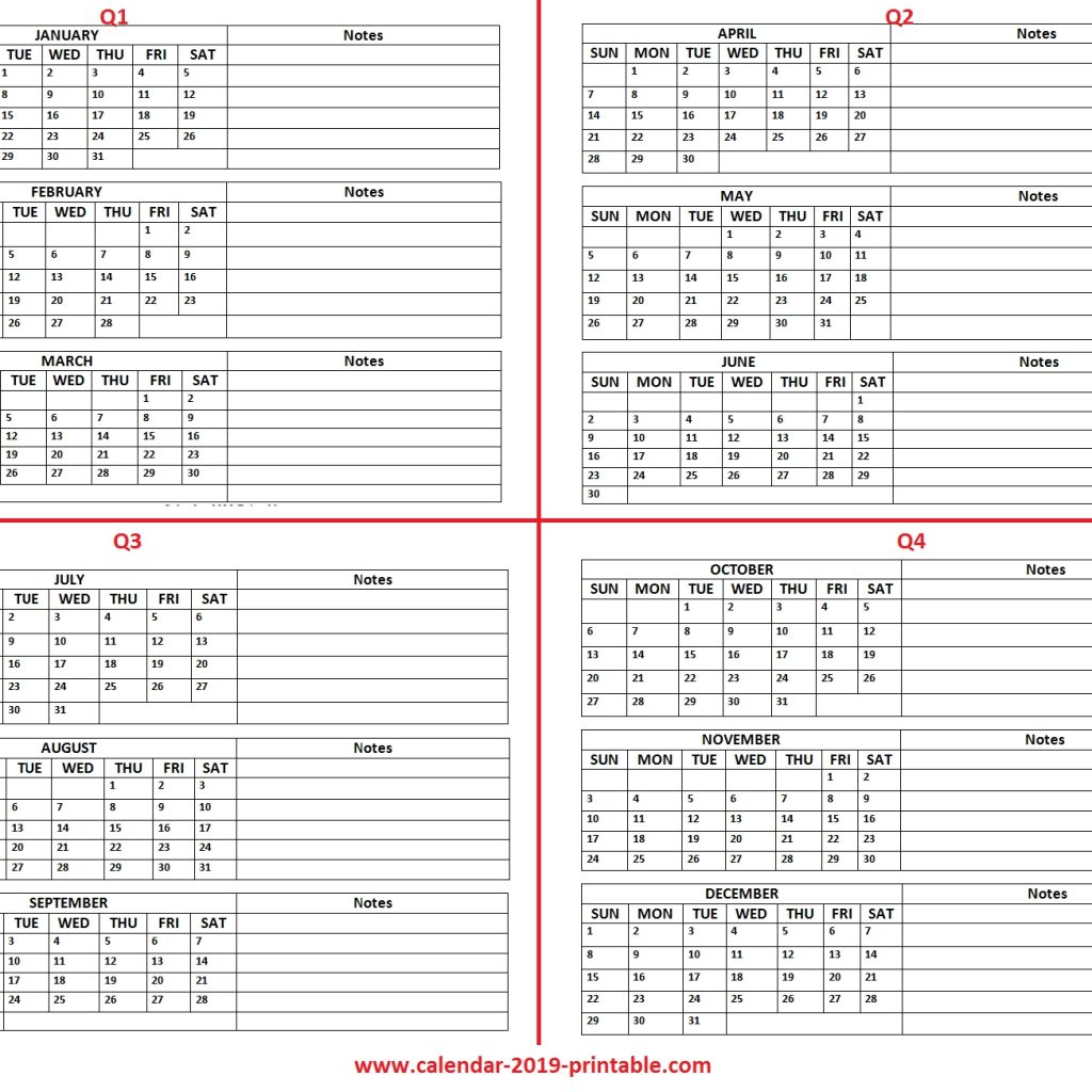 2019 Quarterly Calendar 2019 Calendars Quarterly Calendar