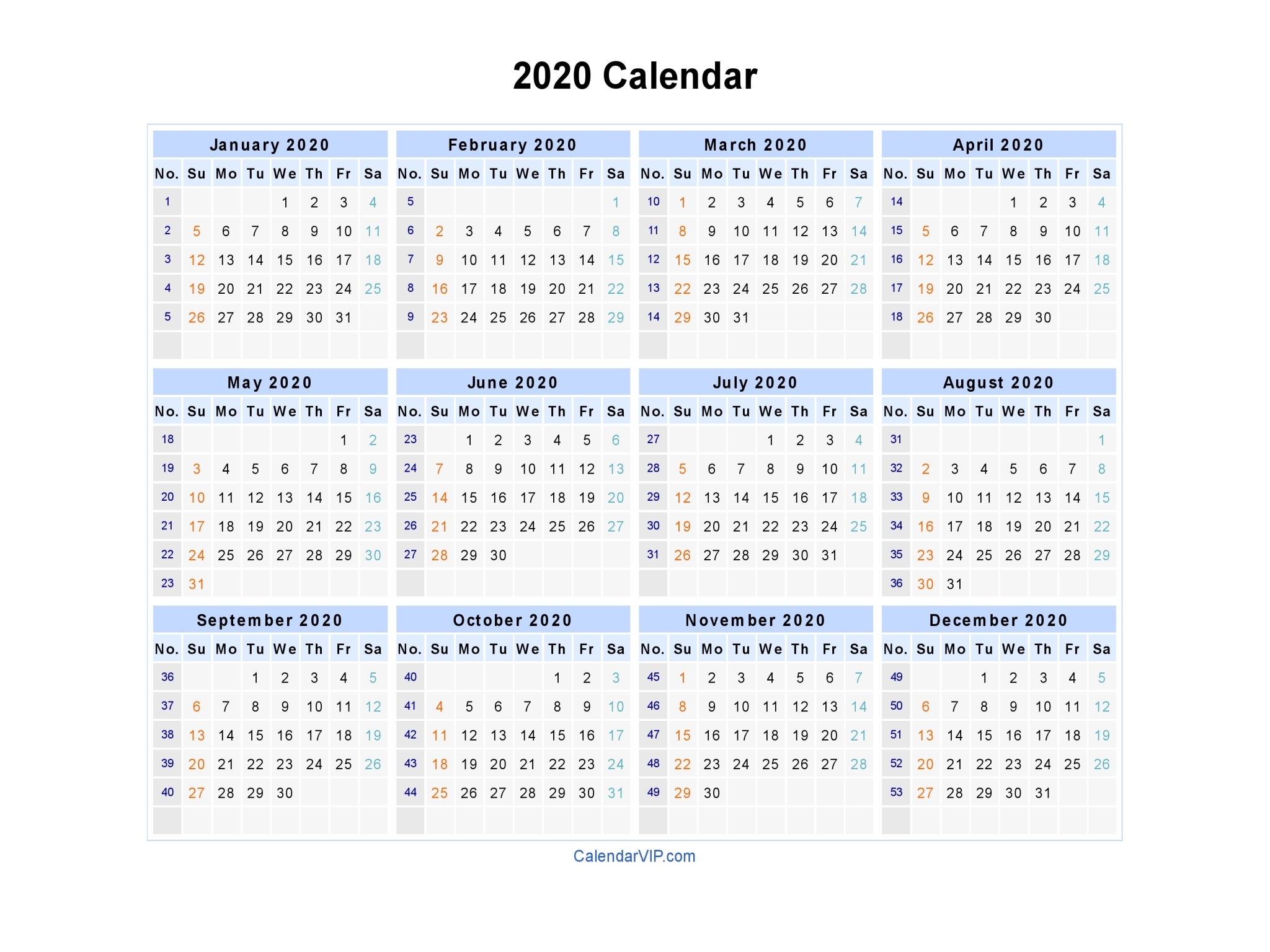 2020 Calendar Blank Printable Calendar Template In Pdf Word Excel