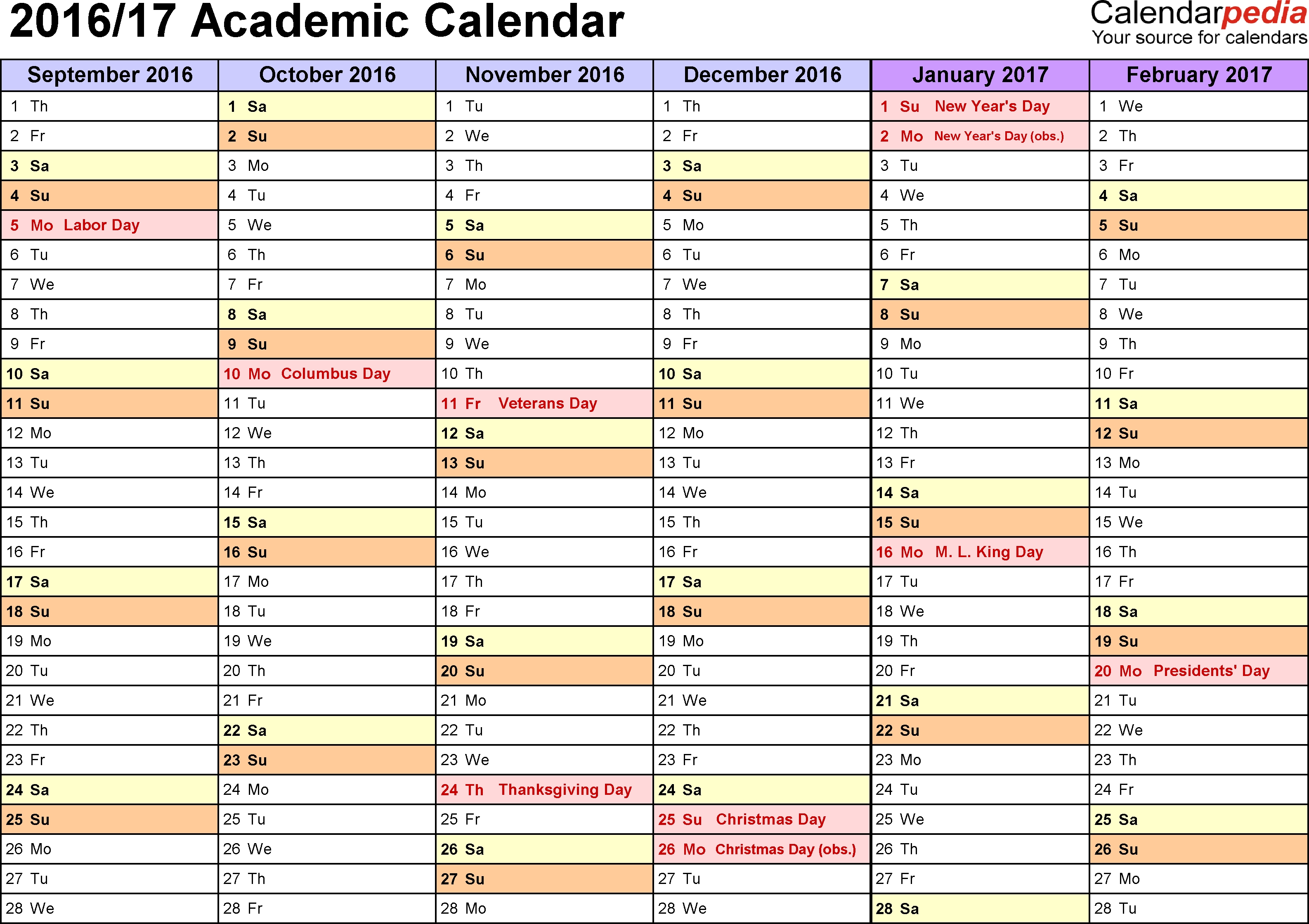 Academic Calendars 20162017 Free Printable Word Templates 