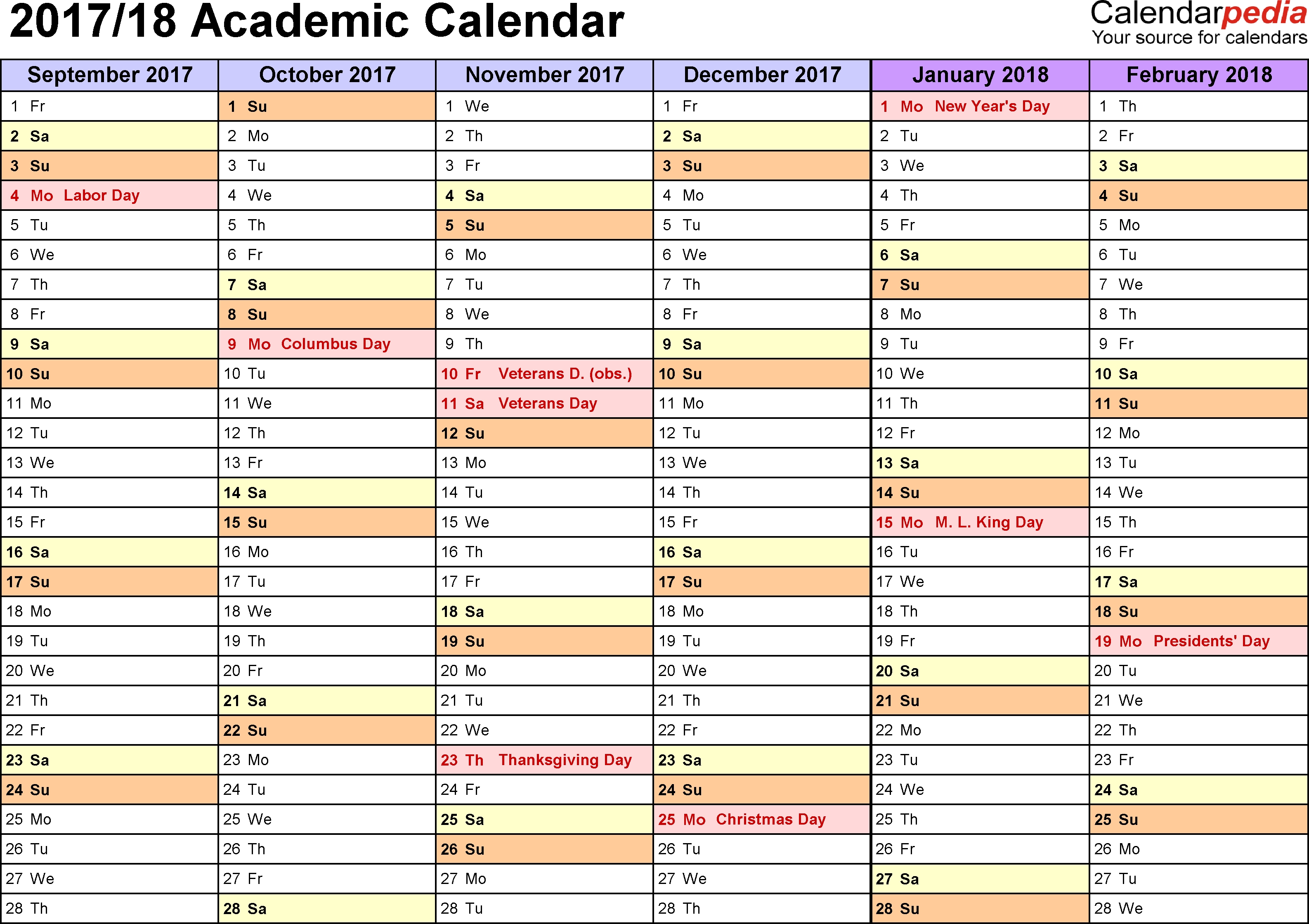 Academic Calendars 20172018 Free Printable Word Templates 