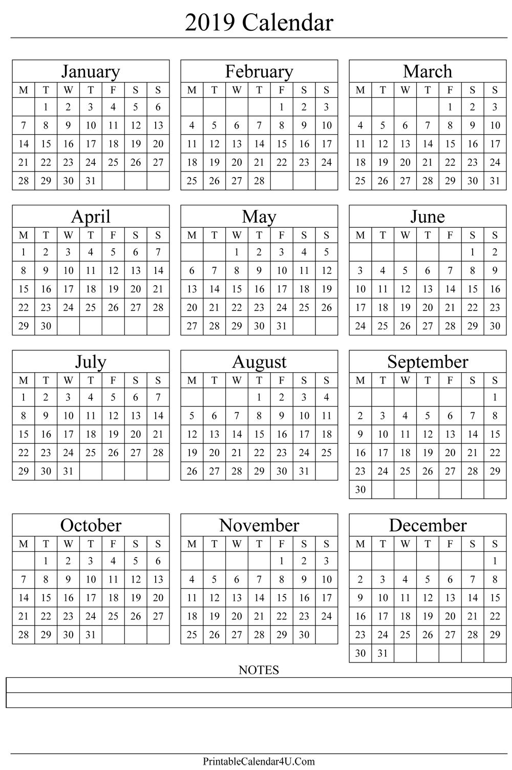 Annual Calendar 2019 Portrait Printable Calendar 2017 Gift Ideas