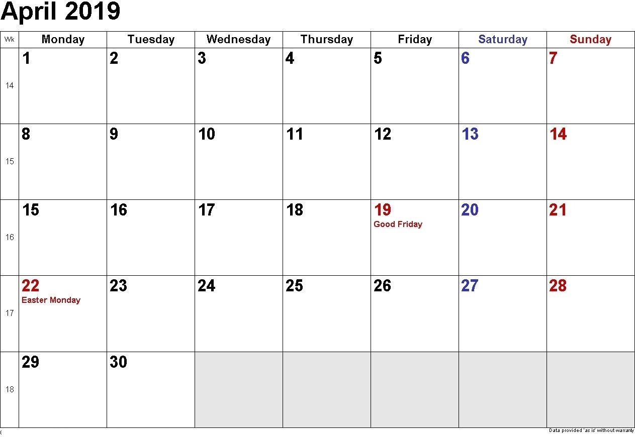 April 2019 Calendar With Holidays April April2019