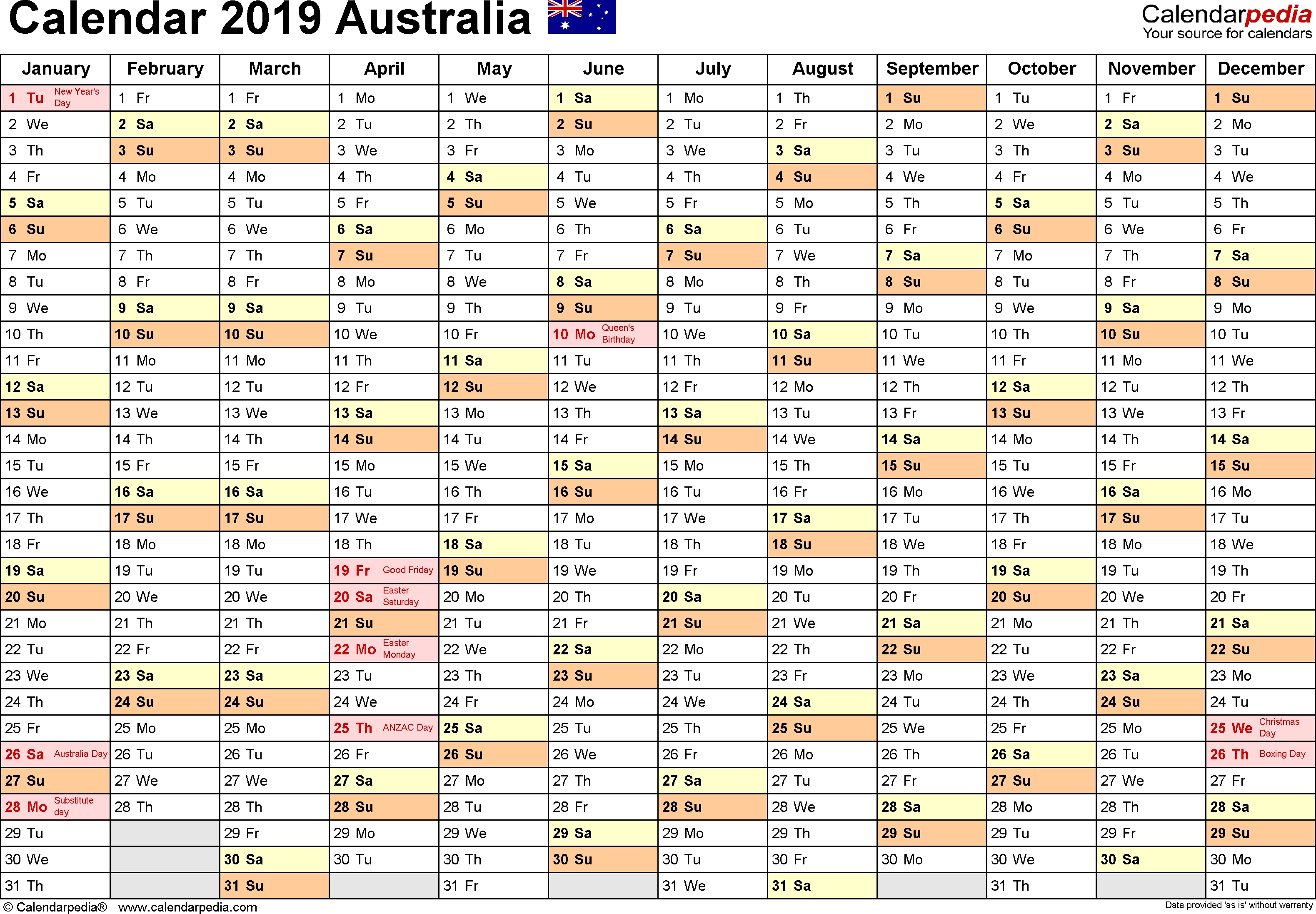 Australia Calendar 2019 Free Printable Pdf Templates 