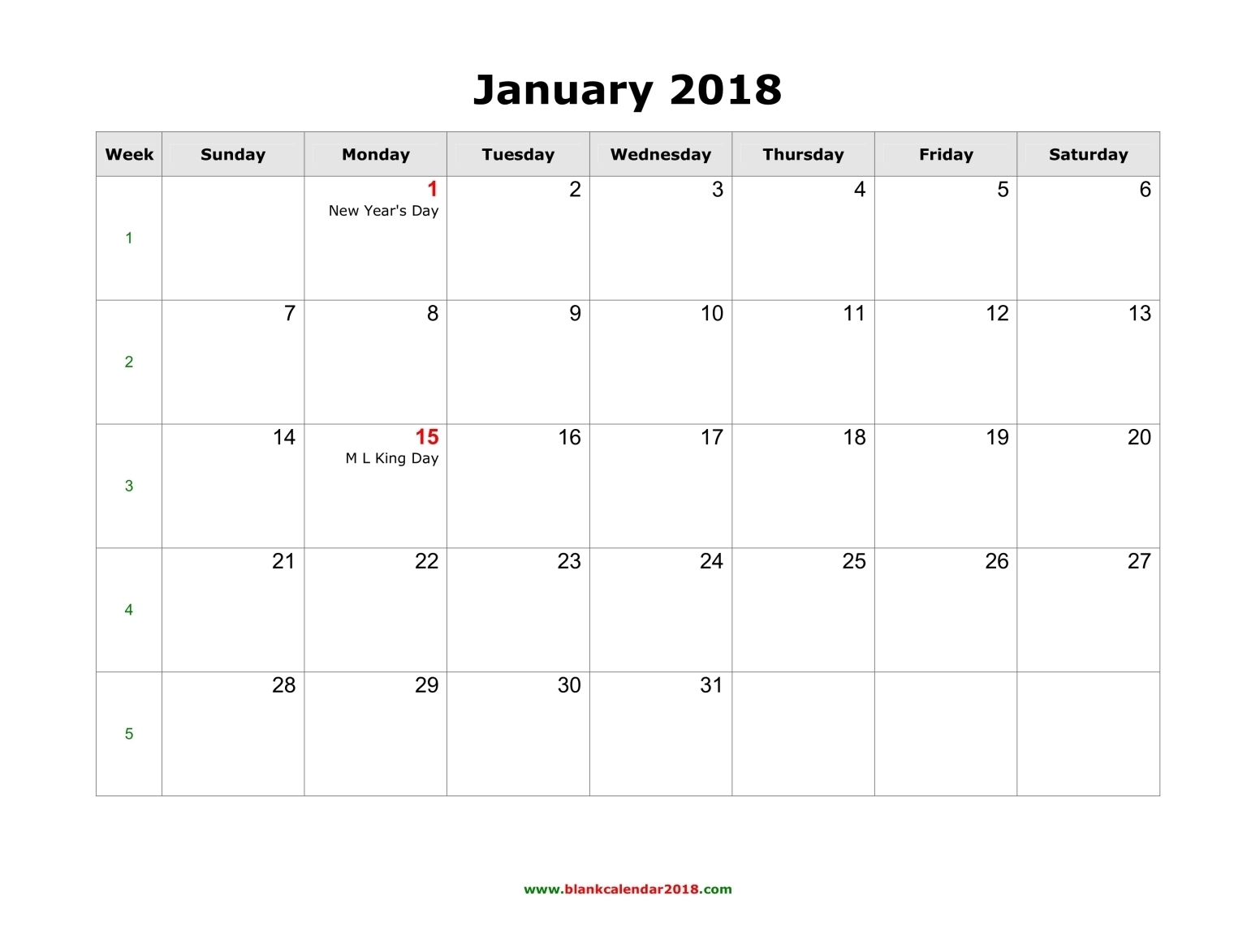 Blank Calendar 2018