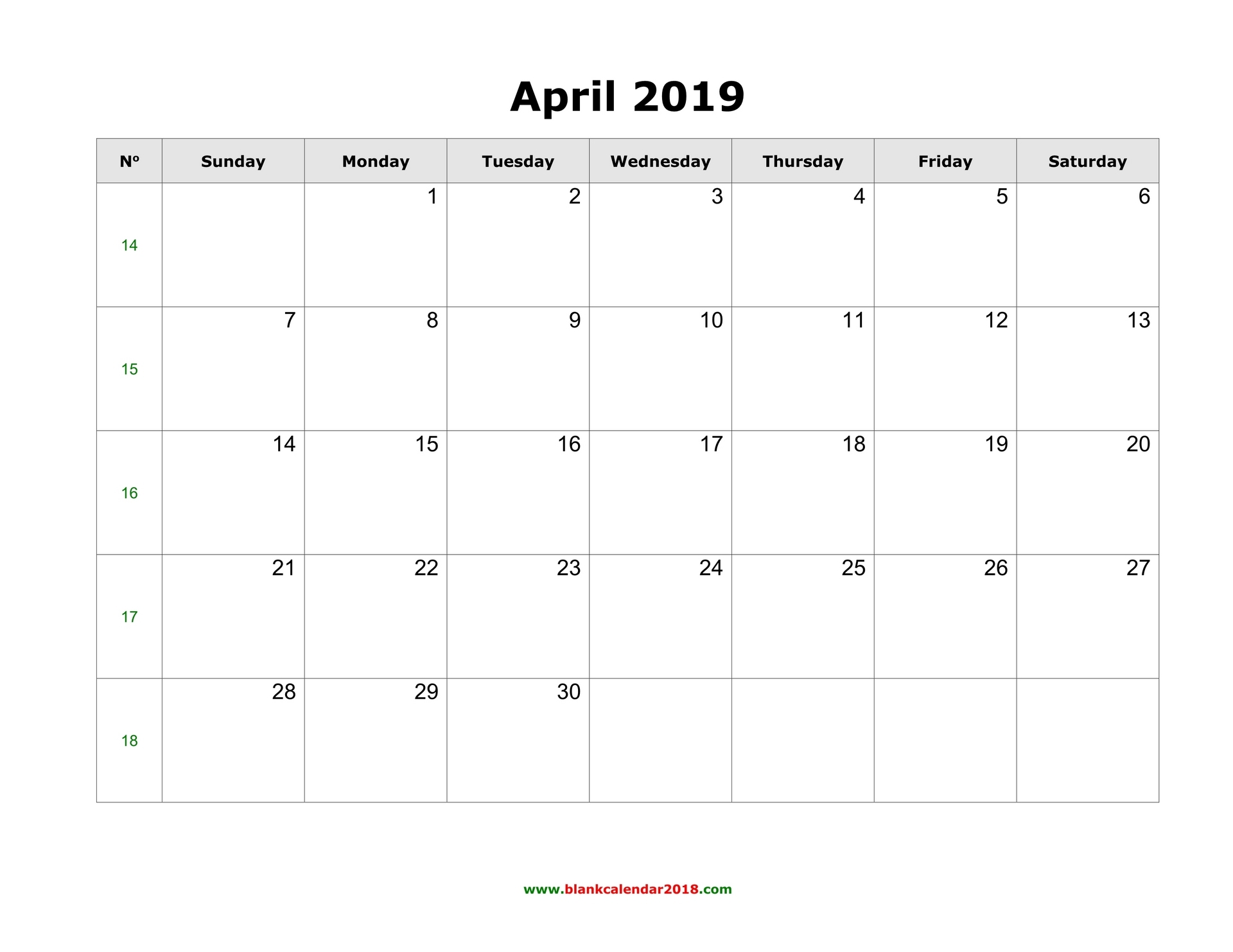 Blank Calendar For April 2019 