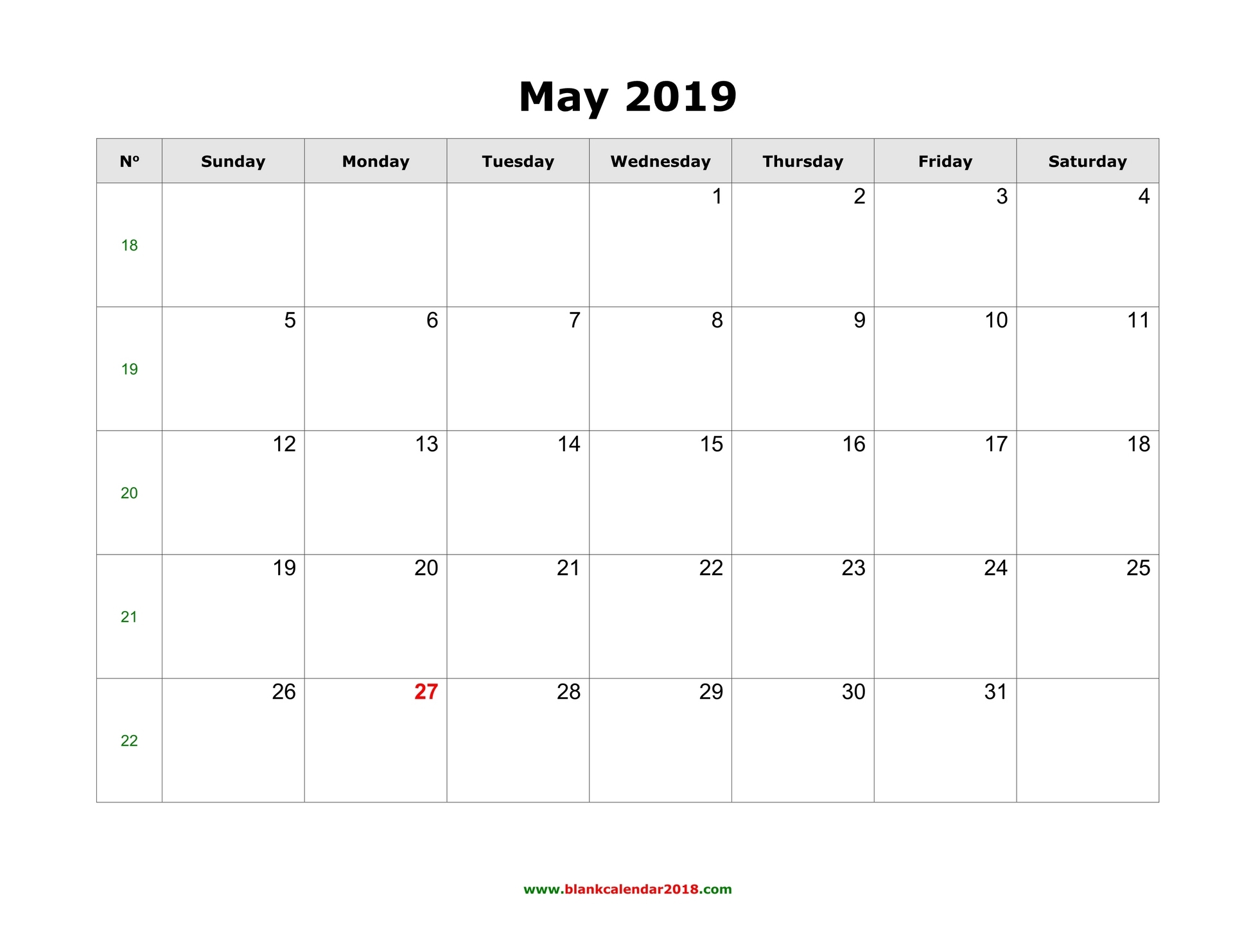 Blank Calendar For May 2019