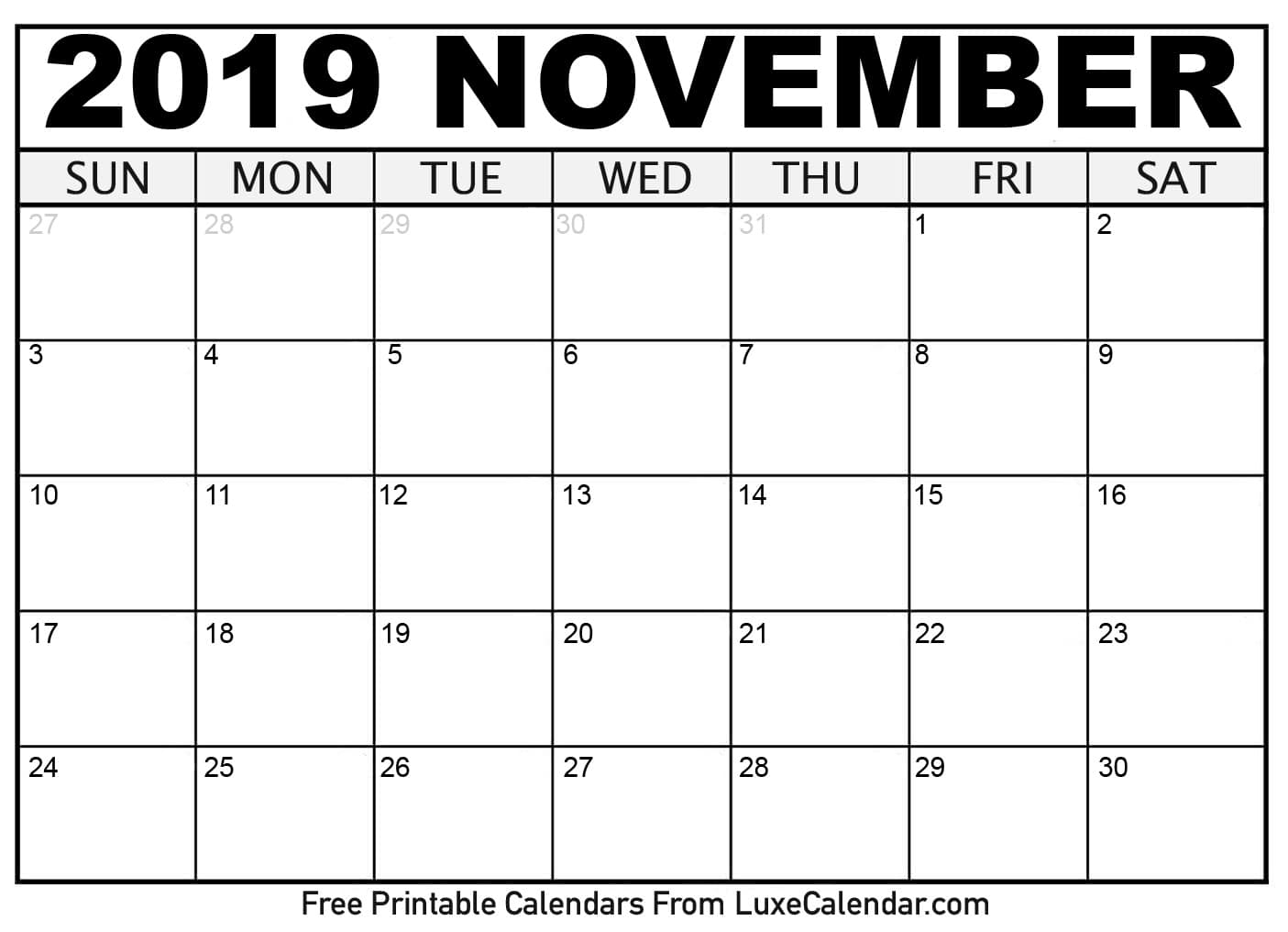 Blank November 2019 Printable Calendar Luxe Calendar 