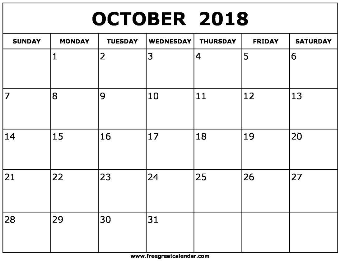 Blank October 2018 Calendar Printable 