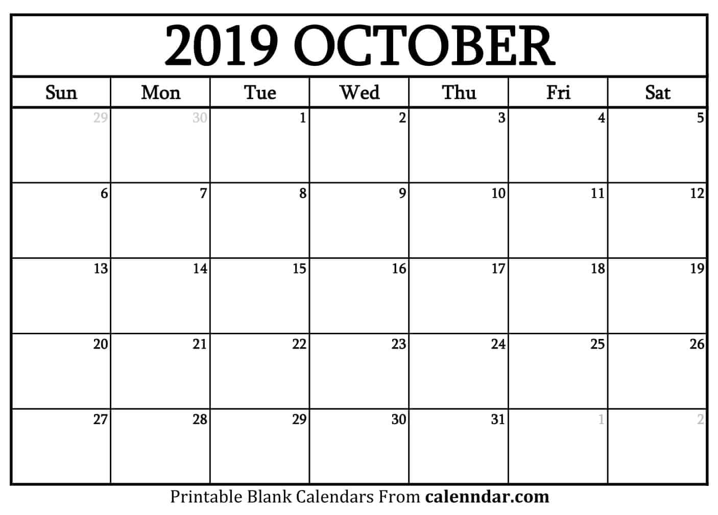 Blank October 2019 Calendar Templates Calenndar 