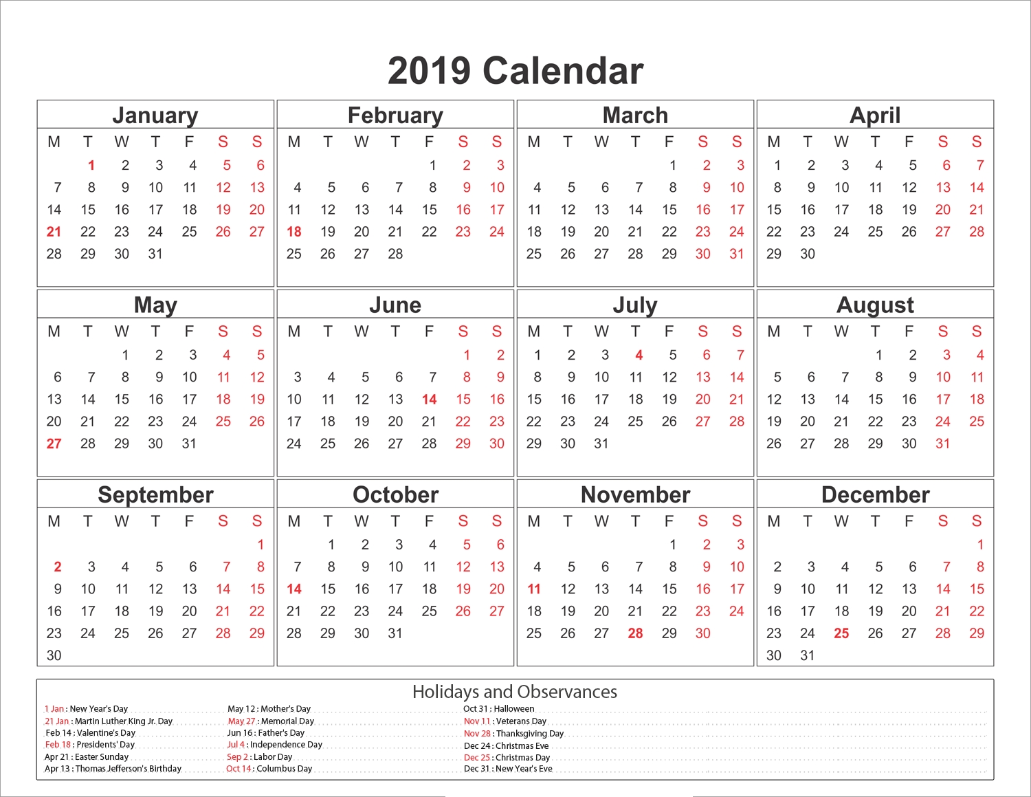 Blank Printable Calendar 2019 With Holidays Printableshelter 