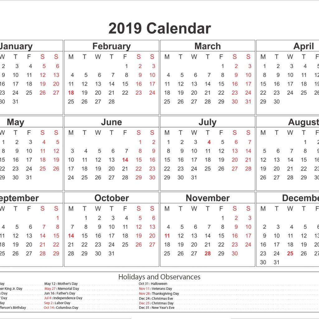 Blank Printable Calendar 2019 With Holidays Printableshelter