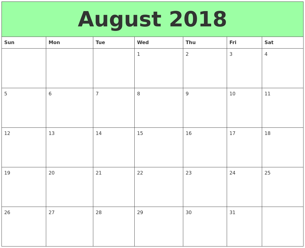 Calendar August 2018 Printable Landscape Format August 2018 