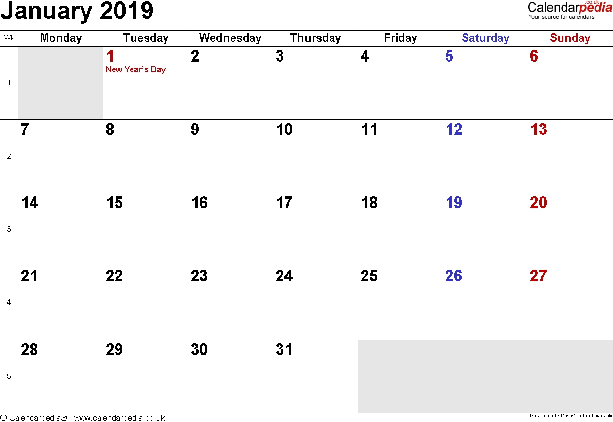 Calendar January 2019 Uk Bank Holidays Excelpdfword Templates 