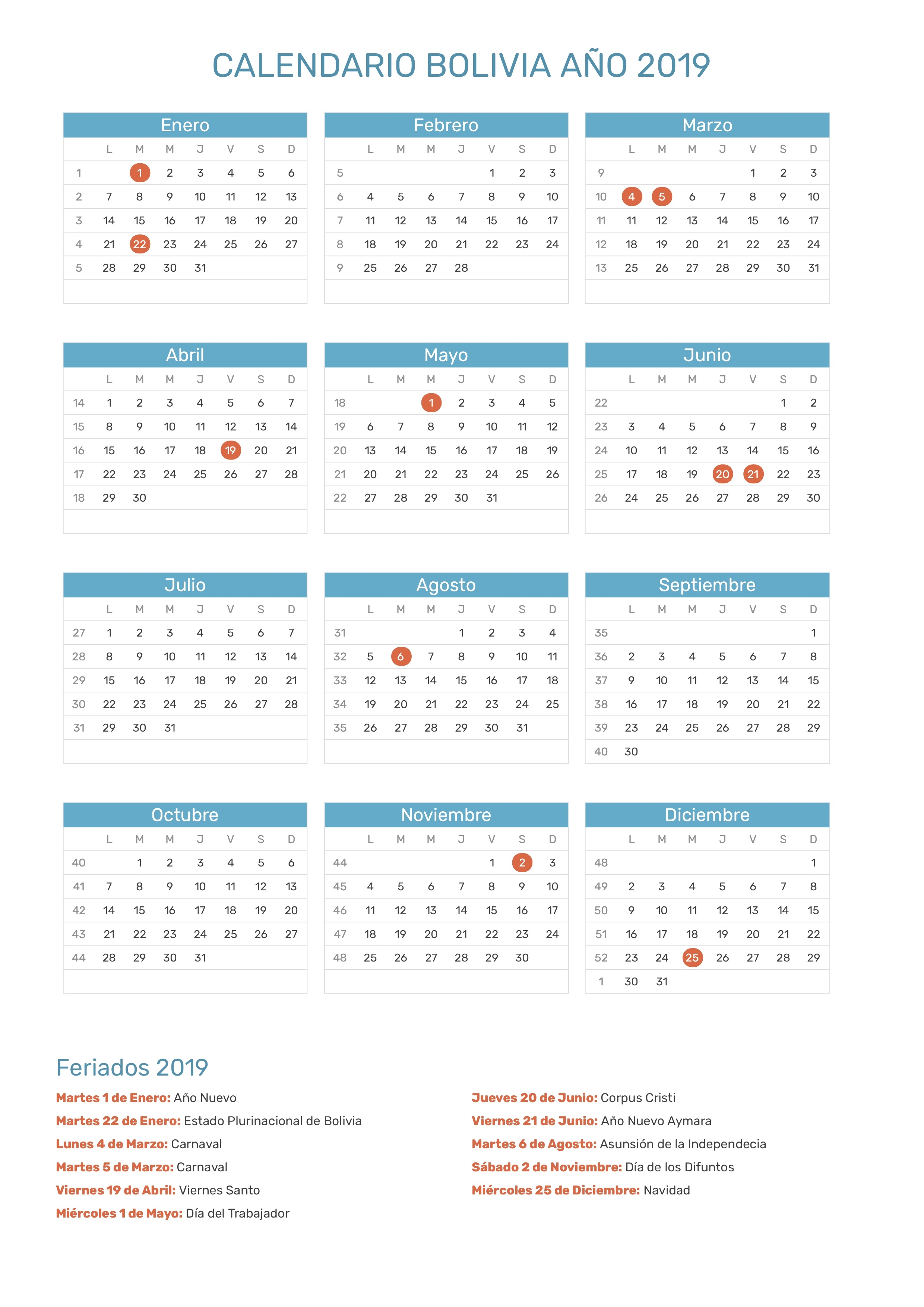 Calendario De Bolivia Ao 2019 Das Festivos Feriados